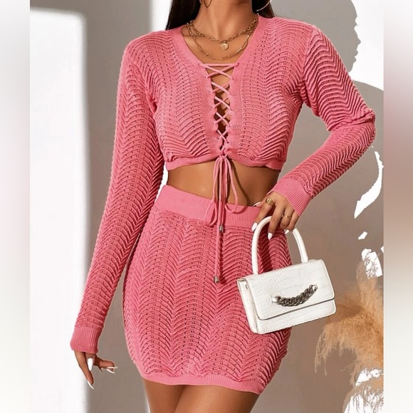 Lace Up Front Crop Sweater & Textured Knit Skirt - Picture 3 of 6